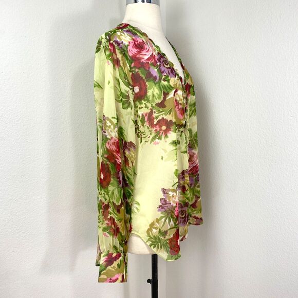 Soft Surrounding Chartreuse Floral Blouse XL Button Front Long Sleeves V-Neck - Picture 9 of 13